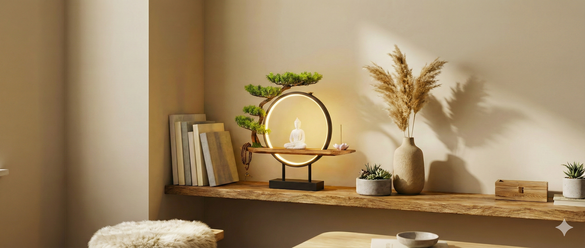  Wooden shelf with decorative items including a lamp, books, and plants against a beige wall.
