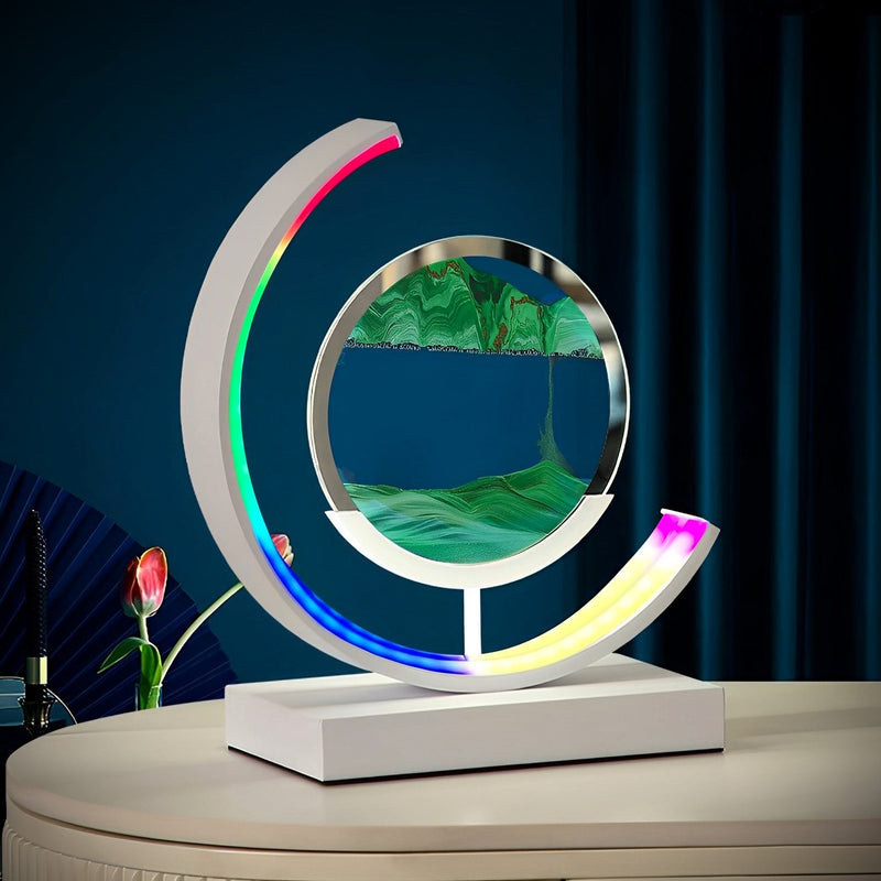 Decorative lamp with colorful circular design on a dark background